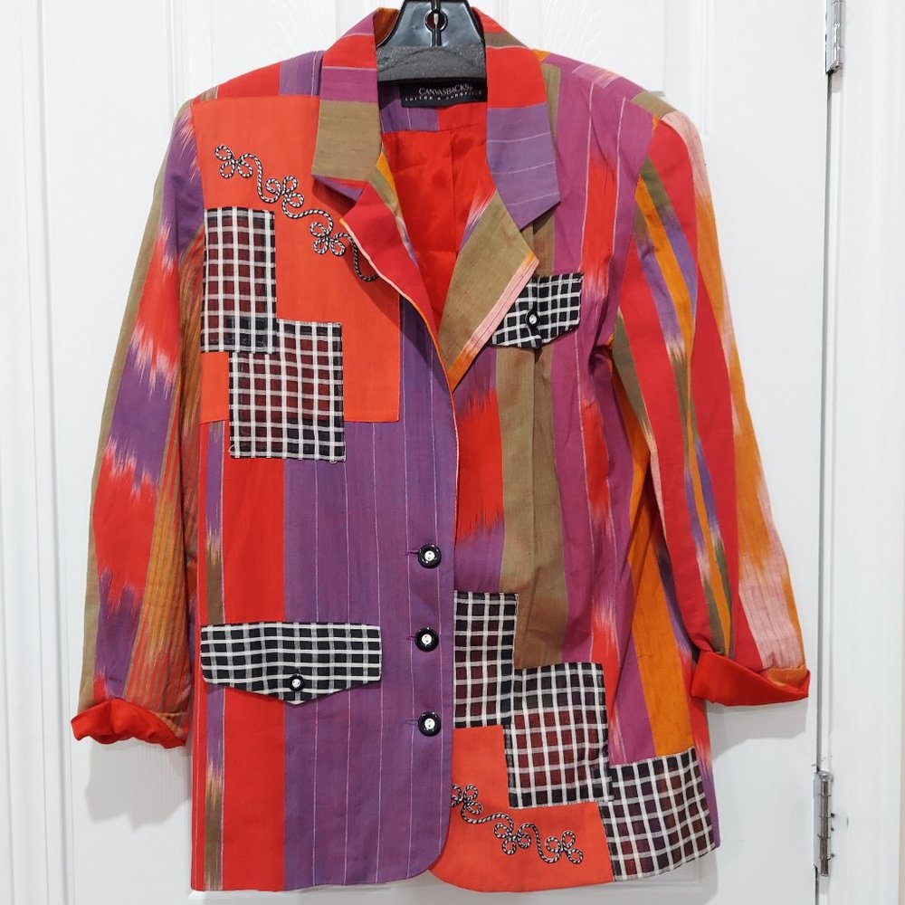 Vintage Patchwork Blazer Multicolor Clowncore Size Small 100% Cotton